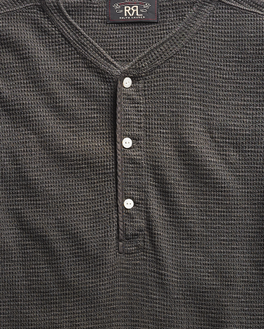 Waffle Knit Short Sleeve Henley Shirt in Black Ralph Lauren HK