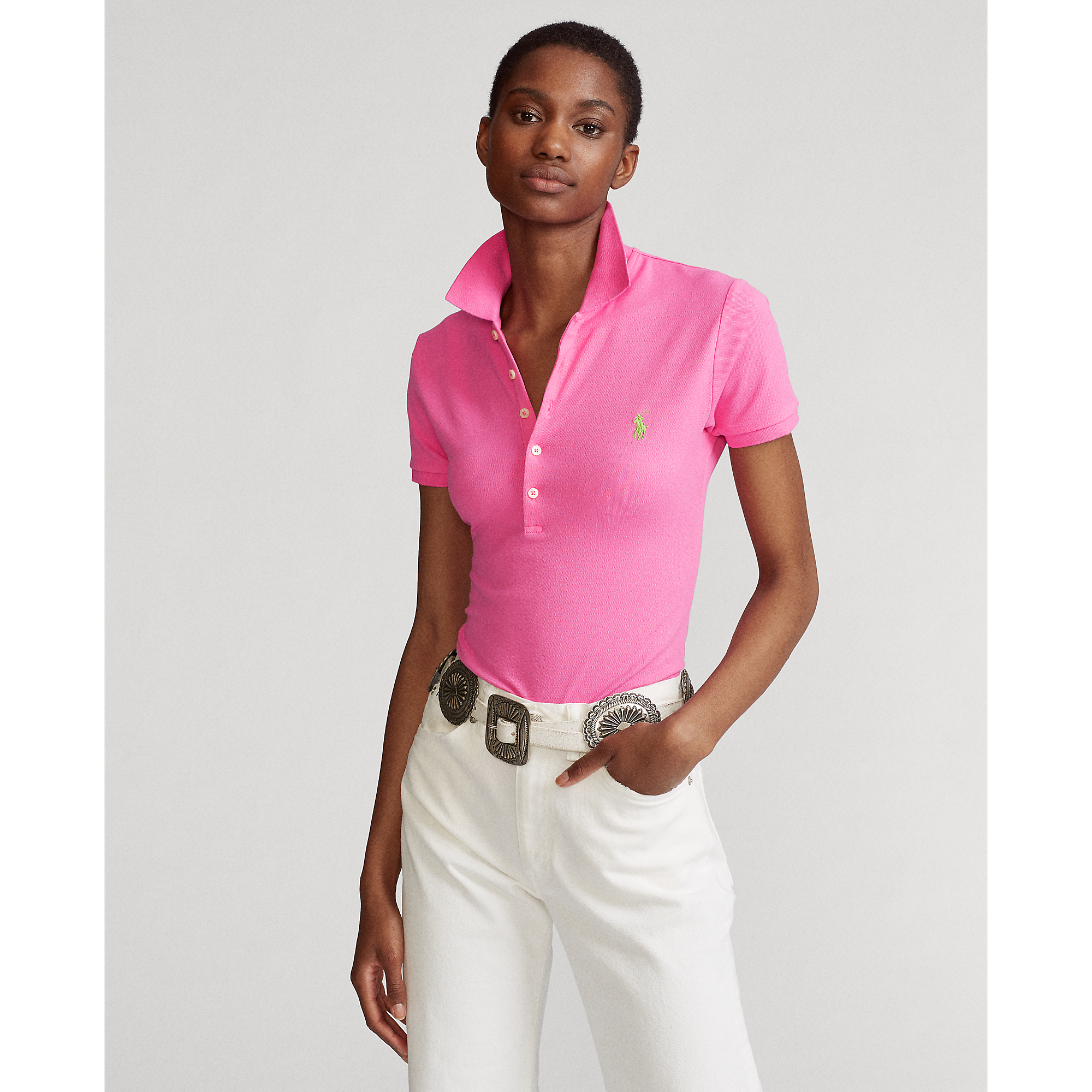 pink button up polo shirt