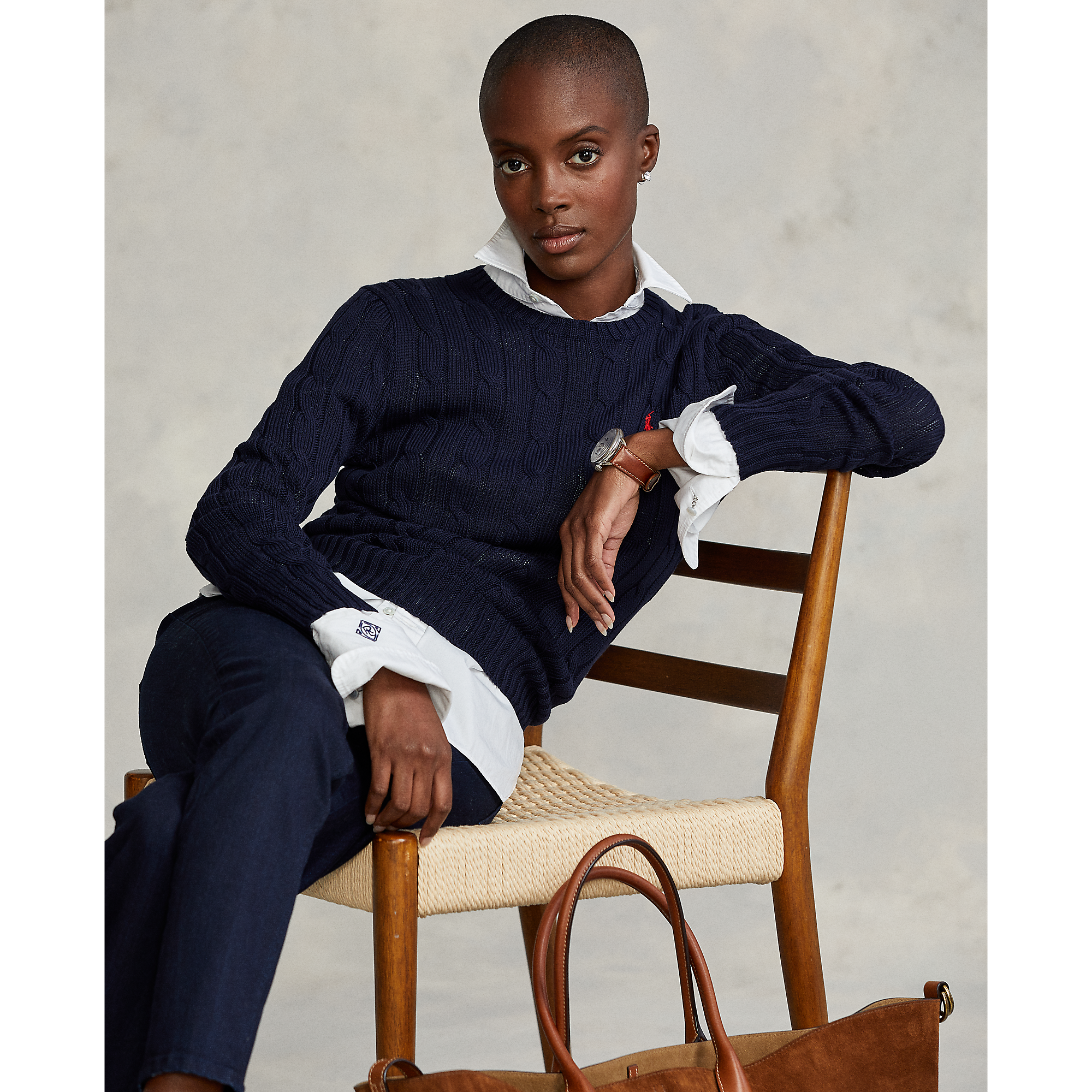 Slim Fit Cable-Knit Sweater in Navy 