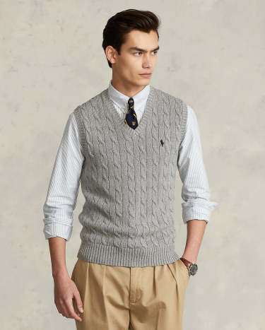 Cable Knit Cotton Sweater Vest in Grey Ralph Lauren HK