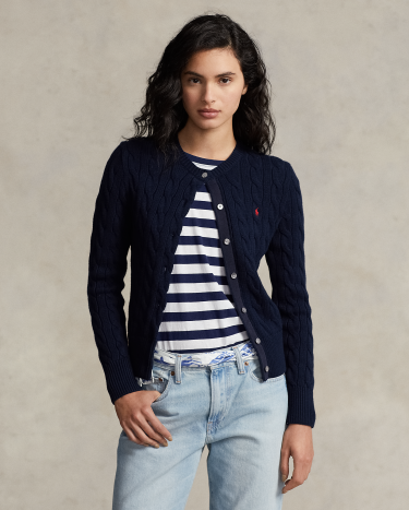 Cable Knit Cotton Crewneck Cardigan