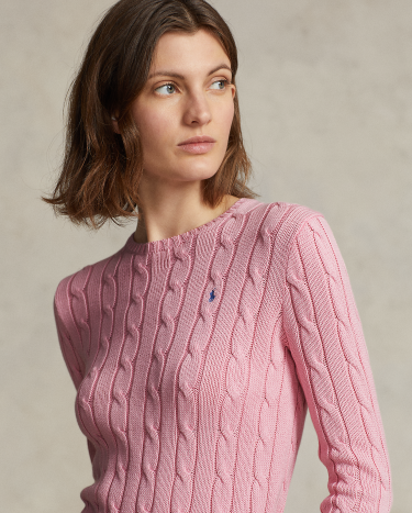 Cable Knit Cotton Crewneck Sweater in Pink Ralph Lauren HK