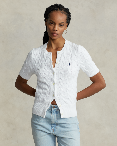 Cable Knit Short Sleeve Cardigan in White Ralph Lauren HK