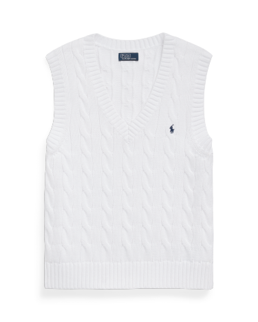 Cable Knit Cotton V Neck Sweater Vest in White Ralph Lauren HK
