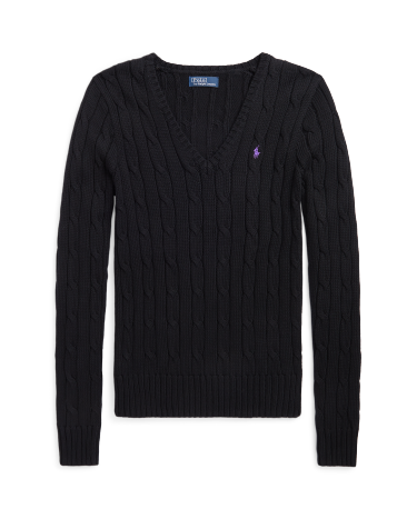 Cable Knit Cotton V Neck Sweater in Black Ralph Lauren HK