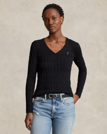 Cable Knit Cotton V Neck Sweater in Black Ralph Lauren HK