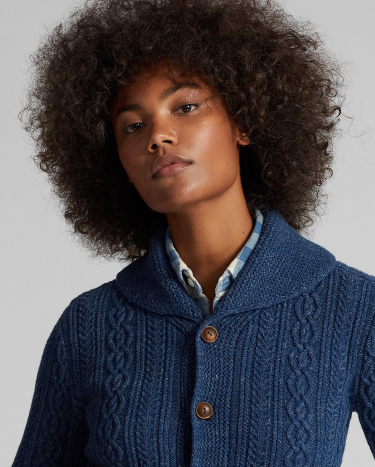 Cable Cotton Wool Shawl Cardigan in Navy Ralph Lauren HK