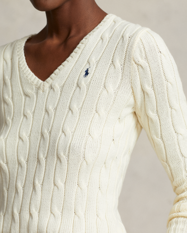Cable Knit Cotton V Neck Sweater in Natural Ralph Lauren HK