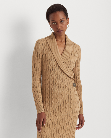 Cable Knit Buckle Trim Sweater Dress in Camel Ralph Lauren HK
