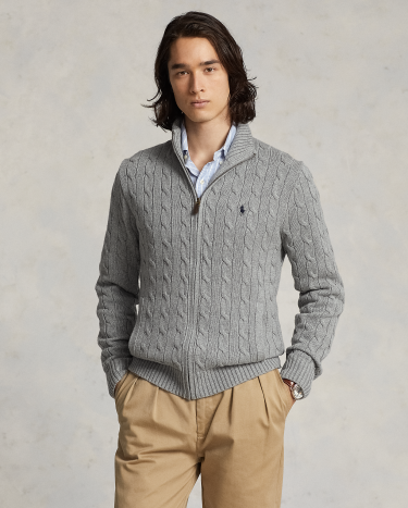 Cable Knit Cotton Full Zip Sweater in Grey Ralph Lauren HK