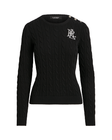 Button Trim Cable Knit Cotton Sweater in Black Ralph Lauren HK