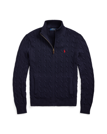 Cable Knit Cotton Full Zip Sweater in Blue Ralph Lauren HK