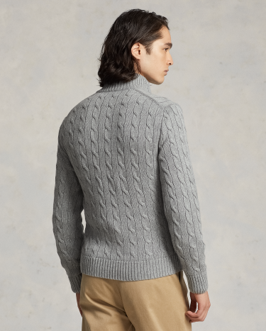 Cable Knit Cotton Full Zip Sweater in Grey Ralph Lauren HK