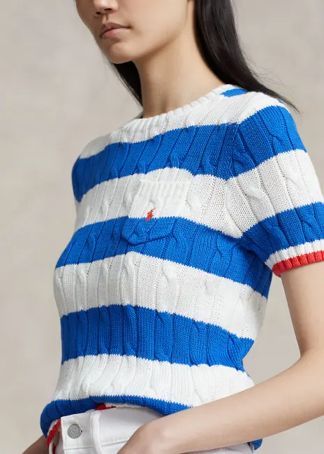 Ralph Lauren Stripe Cable Cotton Short-Sleeve Sweater