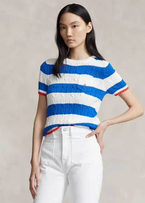 Ralph Lauren Stripe Cable Cotton Short-Sleeve Sweater