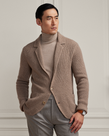 Rib Knit Cashmere Blazer Cardigan in Taupe Ralph Lauren HK