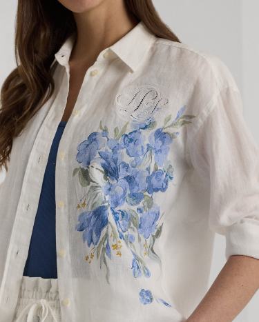 Oversize Floral Eyelet Logo Linen Shirt in White Ralph Lauren HK