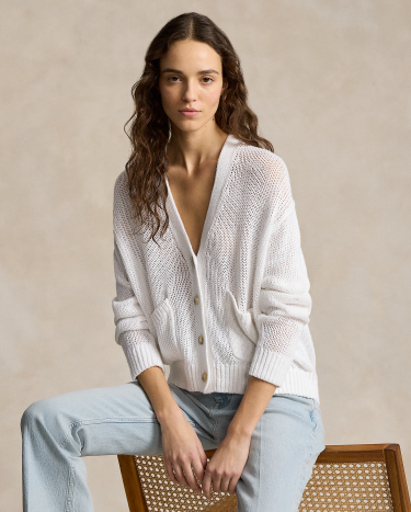 Linen Blend V Neck Cardigan in White Ralph Lauren HK