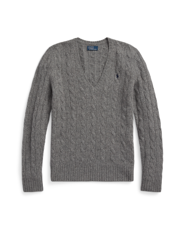 Cable Knit Wool Cashmere V Neck Sweater in Grey Ralph Lauren HK