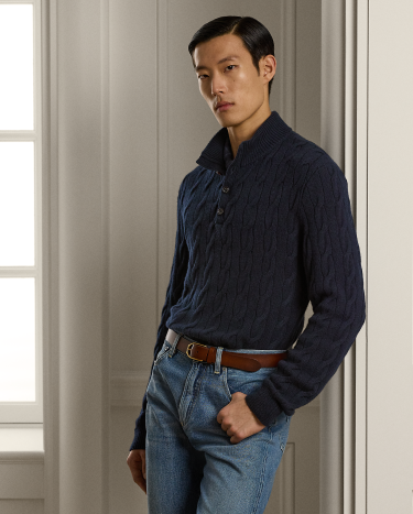 Cable Knit Cashmere Mockneck Sweater in Navy Ralph Lauren HK