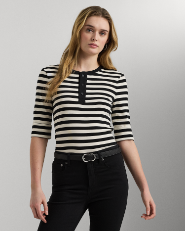 Striped Stretch Cotton Henley Tee in Black Ralph Lauren HK