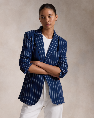 Pinstripe Linen Cotton Blazer in Navy Ralph Lauren HK
