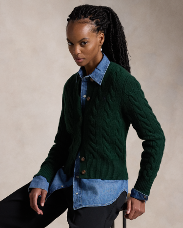 Cable Knit Wool Cashmere Cardigan in Green Ralph Lauren HK