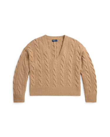 Cable Knit Wool Cashmere V Neck Sweater in Camel Ralph Lauren HK