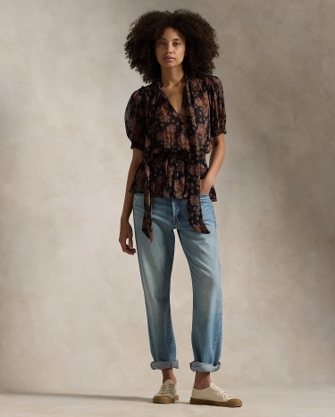 Floral Georgette Peplum Top in Black Ralph Lauren HK
