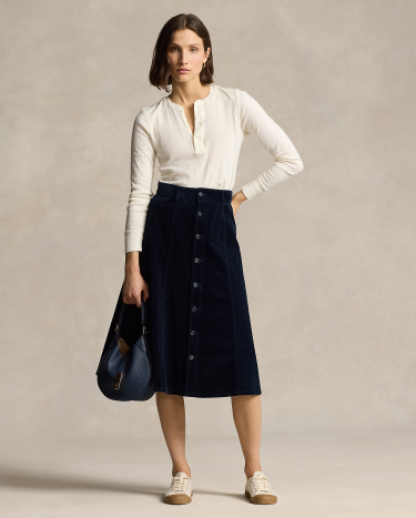 Button Front Corduroy A Line Skirt in Navy Ralph Lauren HK