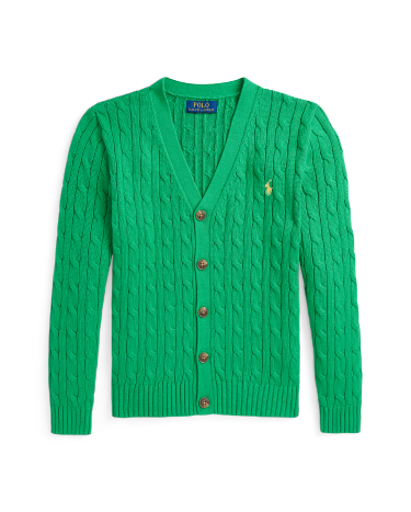 Cable Knit Cotton V Neck Cardigan in Green Ralph Lauren HK