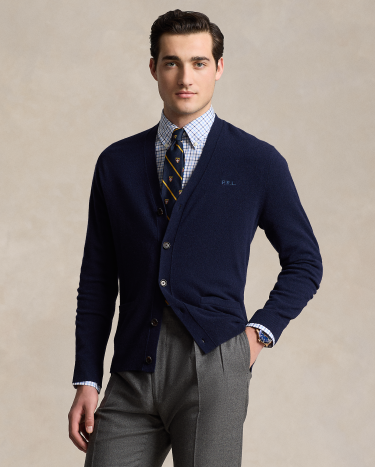 Logo Wool V Neck Cardigan in Blue Ralph Lauren HK