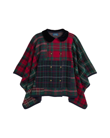 Patchwork Plaid Wool Poncho in Blue Ralph Lauren HK