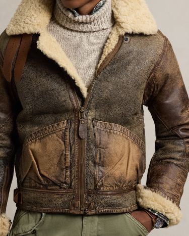 Leather Trim Shearling Bomber Jacket in Brown Ralph Lauren HK