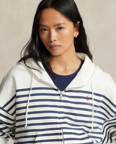 Striped Fleece Full Zip Hoodie in White Ralph Lauren HK