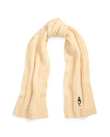 Polo Bear Cable Knit Wool Blend Scarf in Natural Ralph Lauren HK